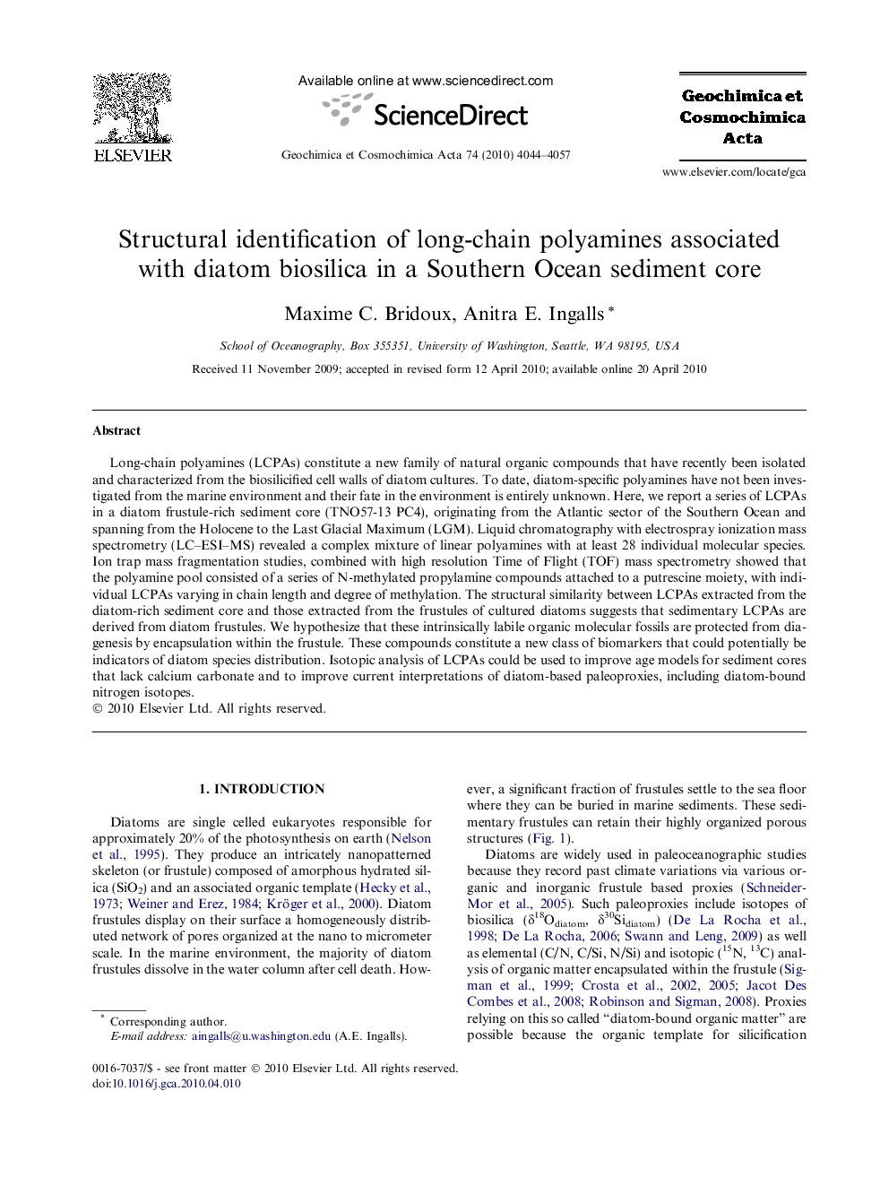 Structural identification of long-chain polyamines associated with diatom biosilica in a Southern Ocean sediment core