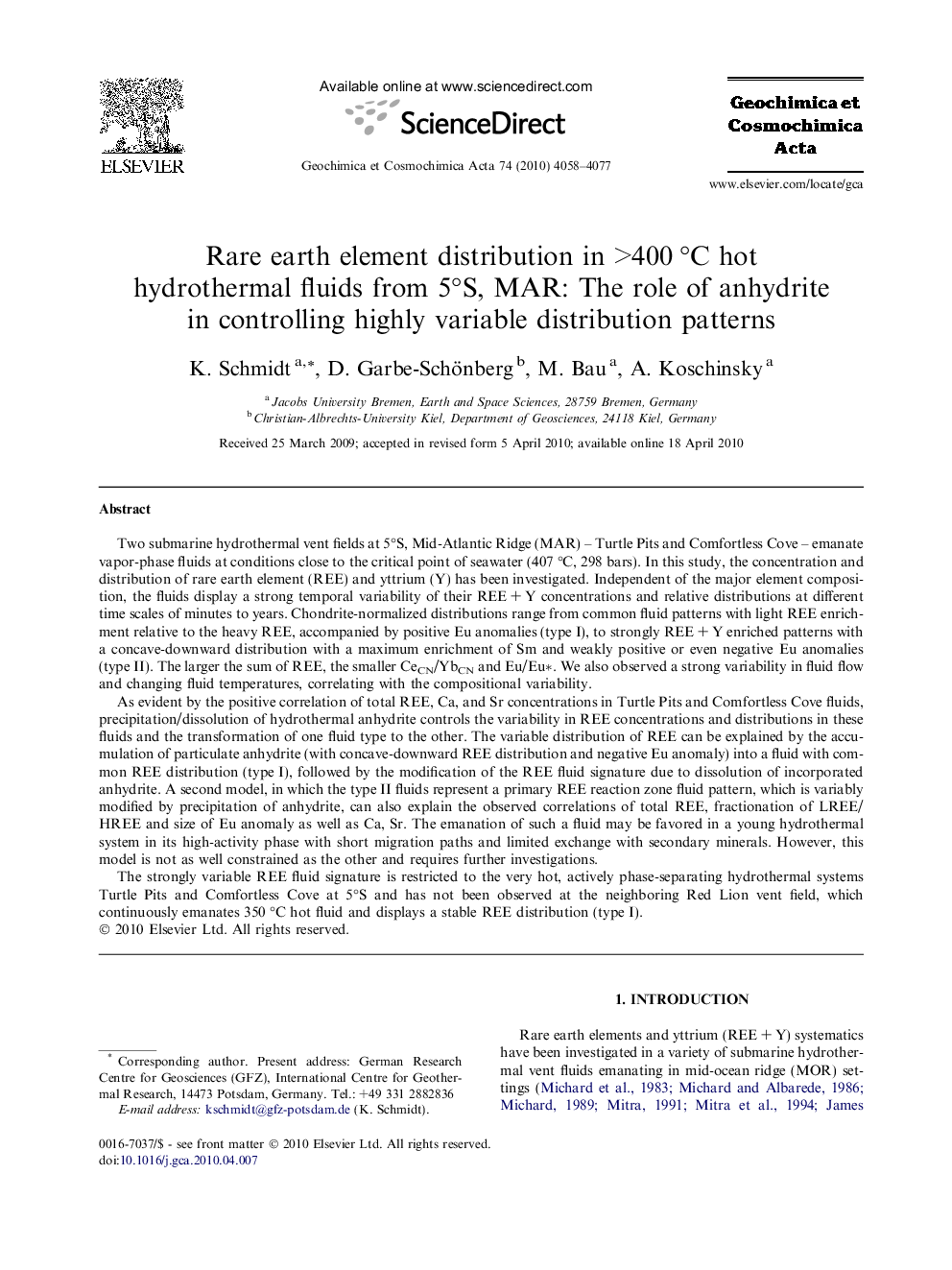 Rare earth element distribution in >400 °C hot hydrothermal fluids from 5°S, MAR: The role of anhydrite in controlling highly variable distribution patterns