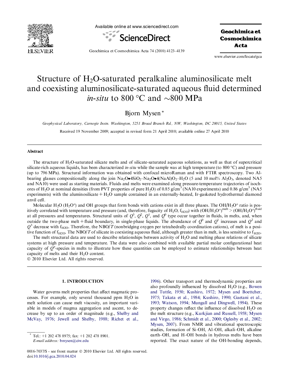 Structure of H2O-saturated peralkaline aluminosilicate melt and coexisting aluminosilicate-saturated aqueous fluid determined in-situ to 800Â Â°C and â¼800Â MPa