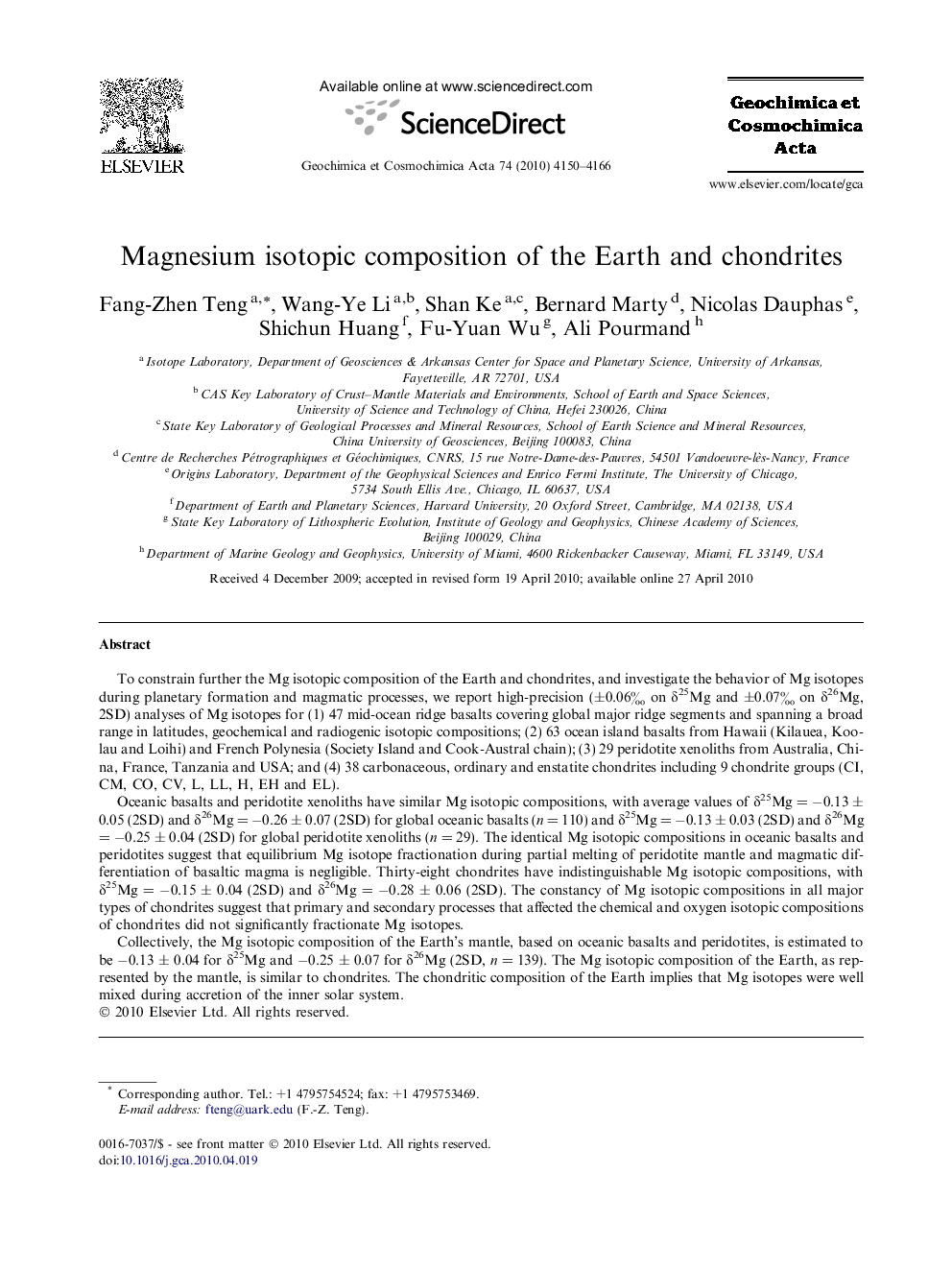 Magnesium isotopic composition of the Earth and chondrites