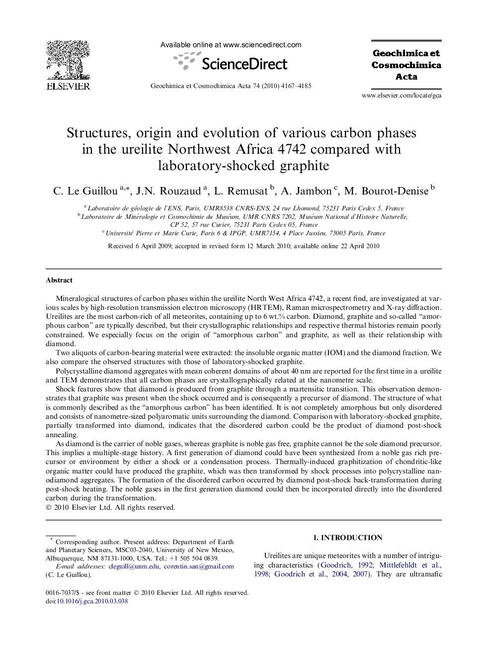 Structures, origin and evolution of various carbon phases in the ureilite Northwest Africa 4742 compared with laboratory-shocked graphite