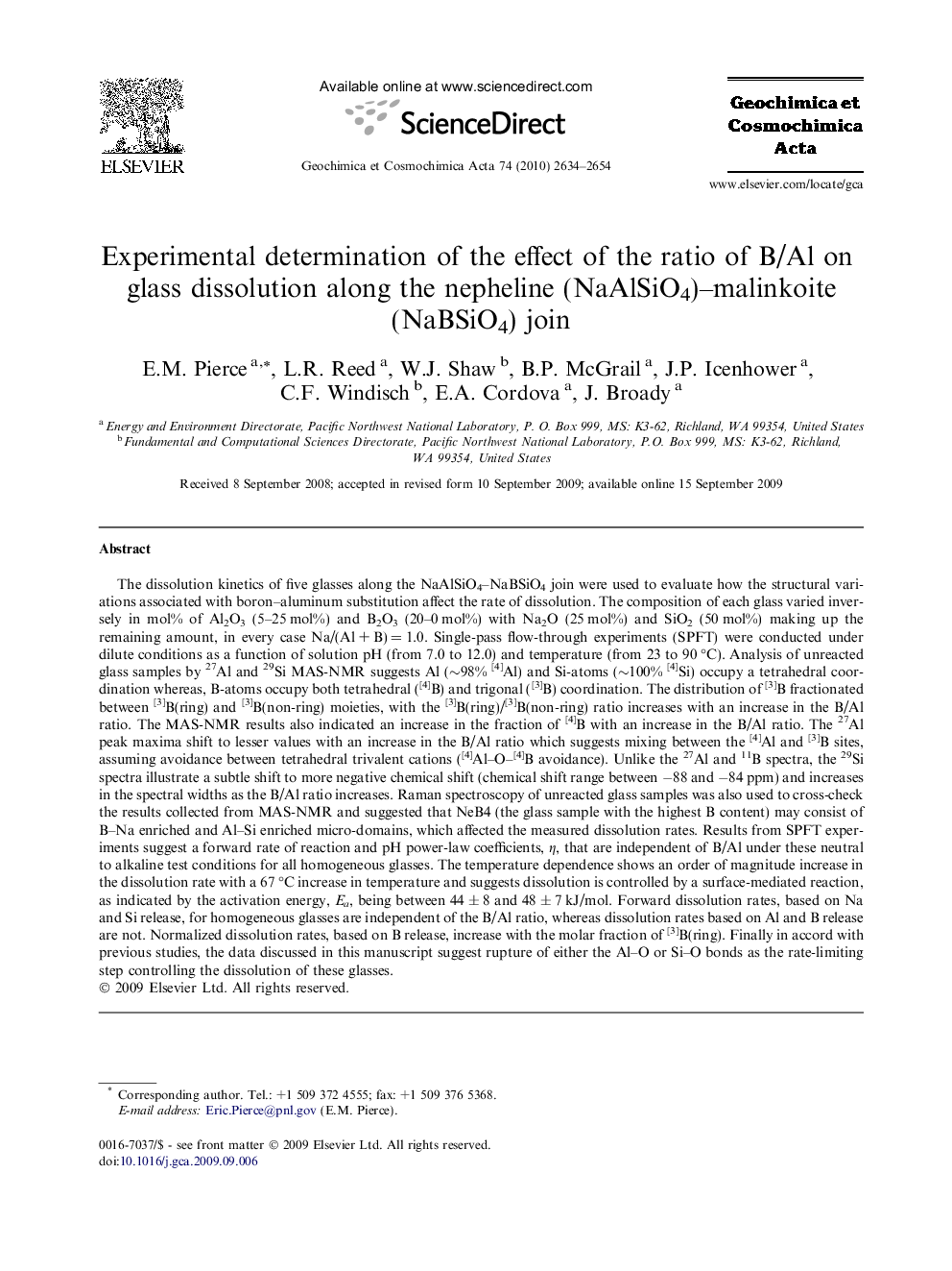عکس صفحه اول مقاله: Experimental determination of the effect of the ratio of B/Al on glass dissolution along the nepheline (NaAlSiO4)–malinkoite (NaBSiO4) join Experimental determination of the effect of the ratio of B/Al on glass dissolution along the nepheline (NaAlSiO4)–malinkoite (NaBSiO4) join