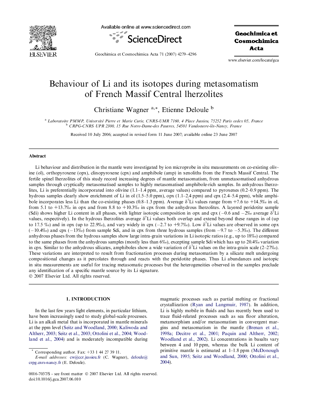 Behaviour of Li and its isotopes during metasomatism of French Massif Central lherzolites