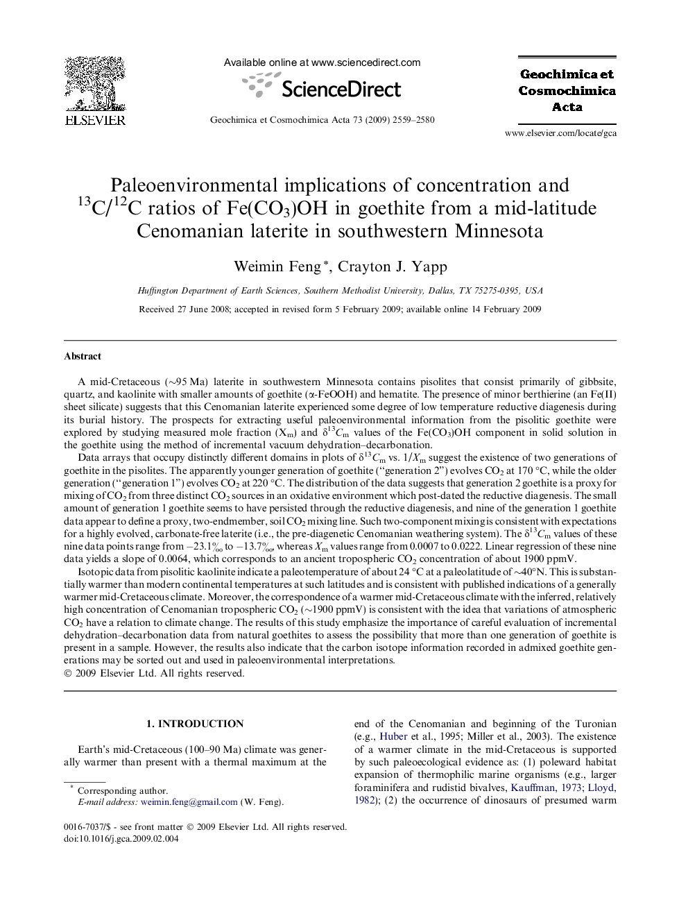Paleoenvironmental implications of concentration and 13C/12C ratios of Fe(CO3)OH in goethite from a mid-latitude Cenomanian laterite in southwestern Minnesota