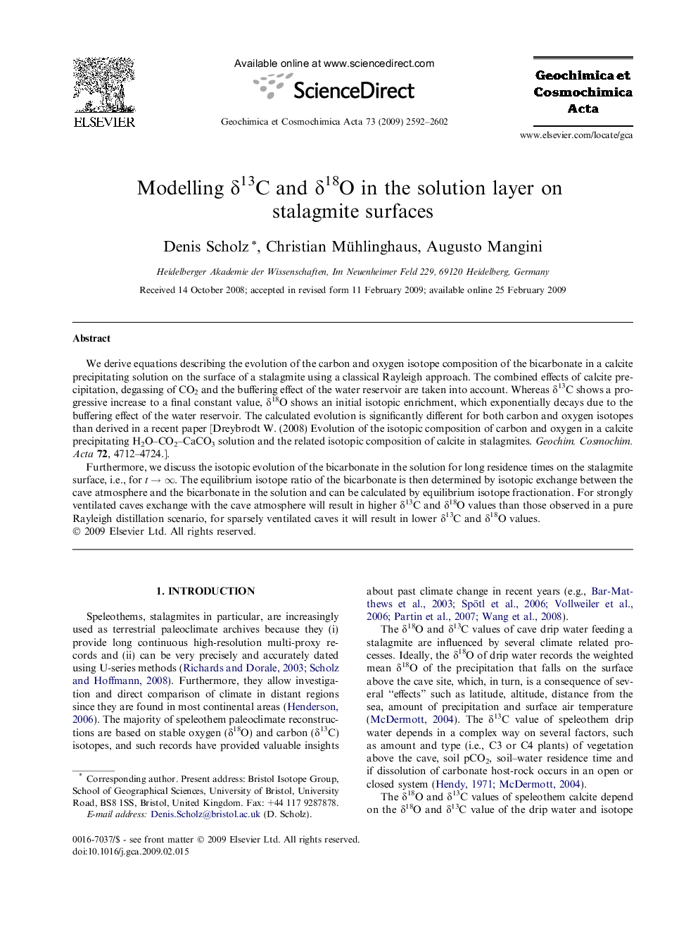 Modelling δ13C and δ18O in the solution layer on stalagmite surfaces