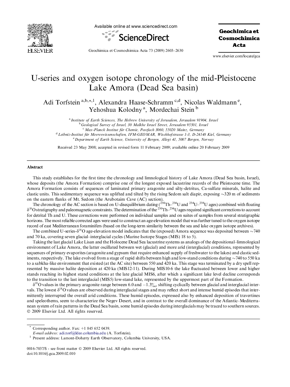 U-series and oxygen isotope chronology of the mid-Pleistocene Lake Amora (Dead Sea basin)