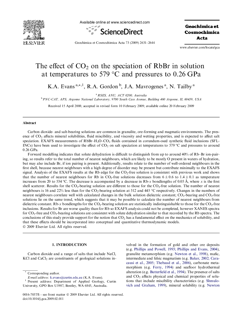 The effect of CO2 on the speciation of RbBr in solution at temperatures to 579 °C and pressures to 0.26 GPa