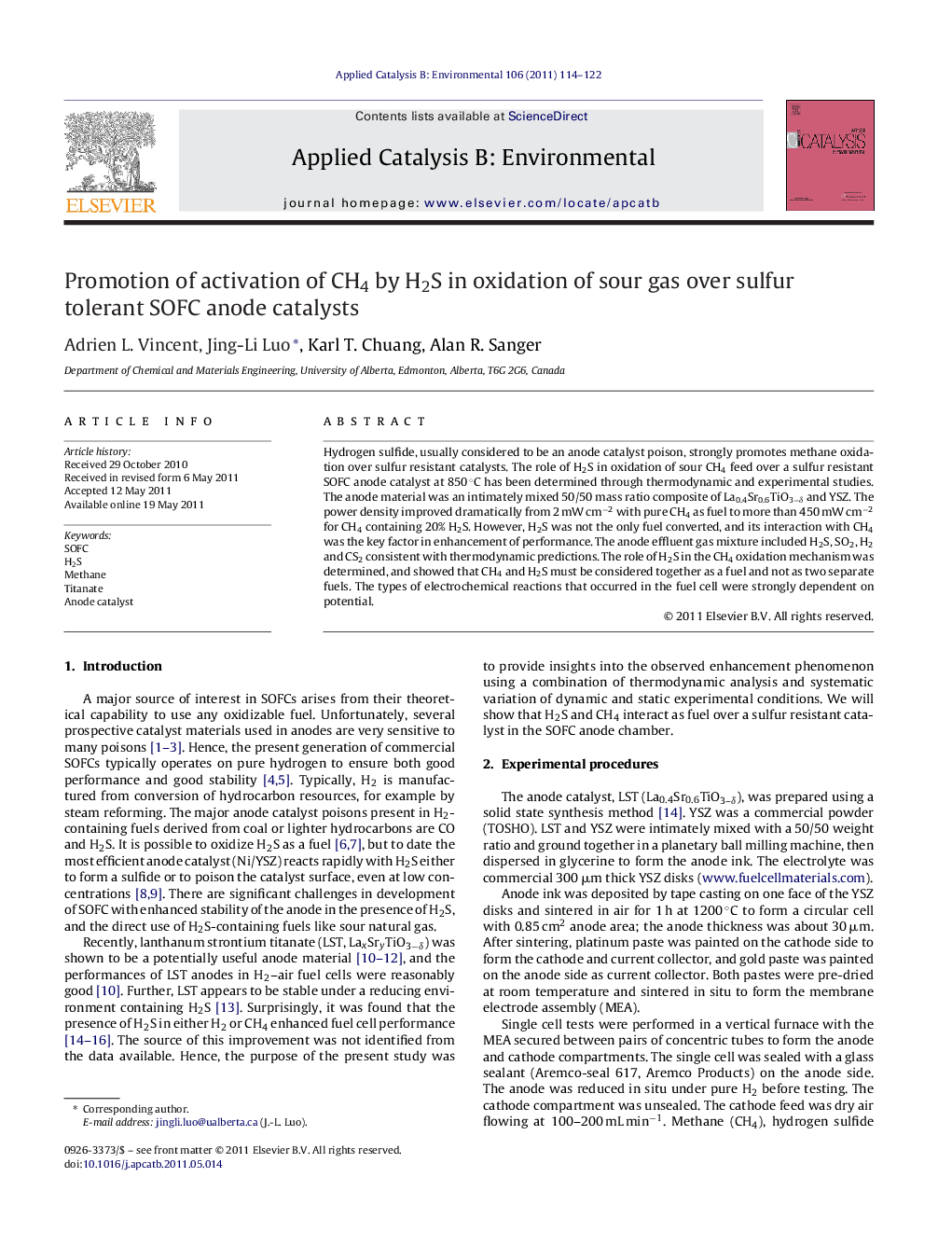 Promotion of activation of CH4 by H2S in oxidation of sour gas over sulfur tolerant SOFC anode catalysts