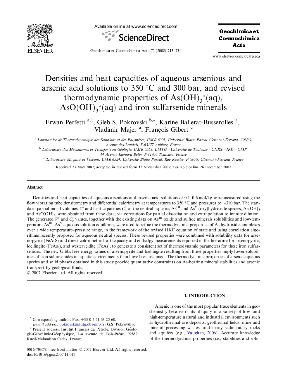 Densities and heat capacities of aqueous arsenious and arsenic acid solutions to 350 °C and 300 bar, and revised thermodynamic properties of As(OH)3∘(aq), AsO(OH)3∘(aq) and iron sulfarsenide minerals