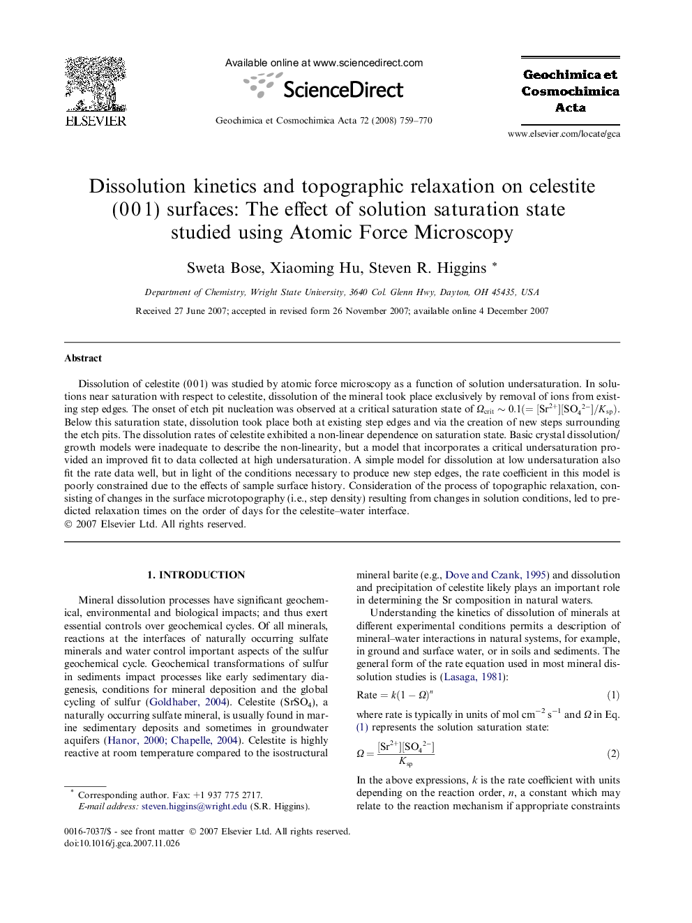 Dissolution kinetics and topographic relaxation on celestite (0Â 0Â 1) surfaces: The effect of solution saturation state studied using Atomic Force Microscopy