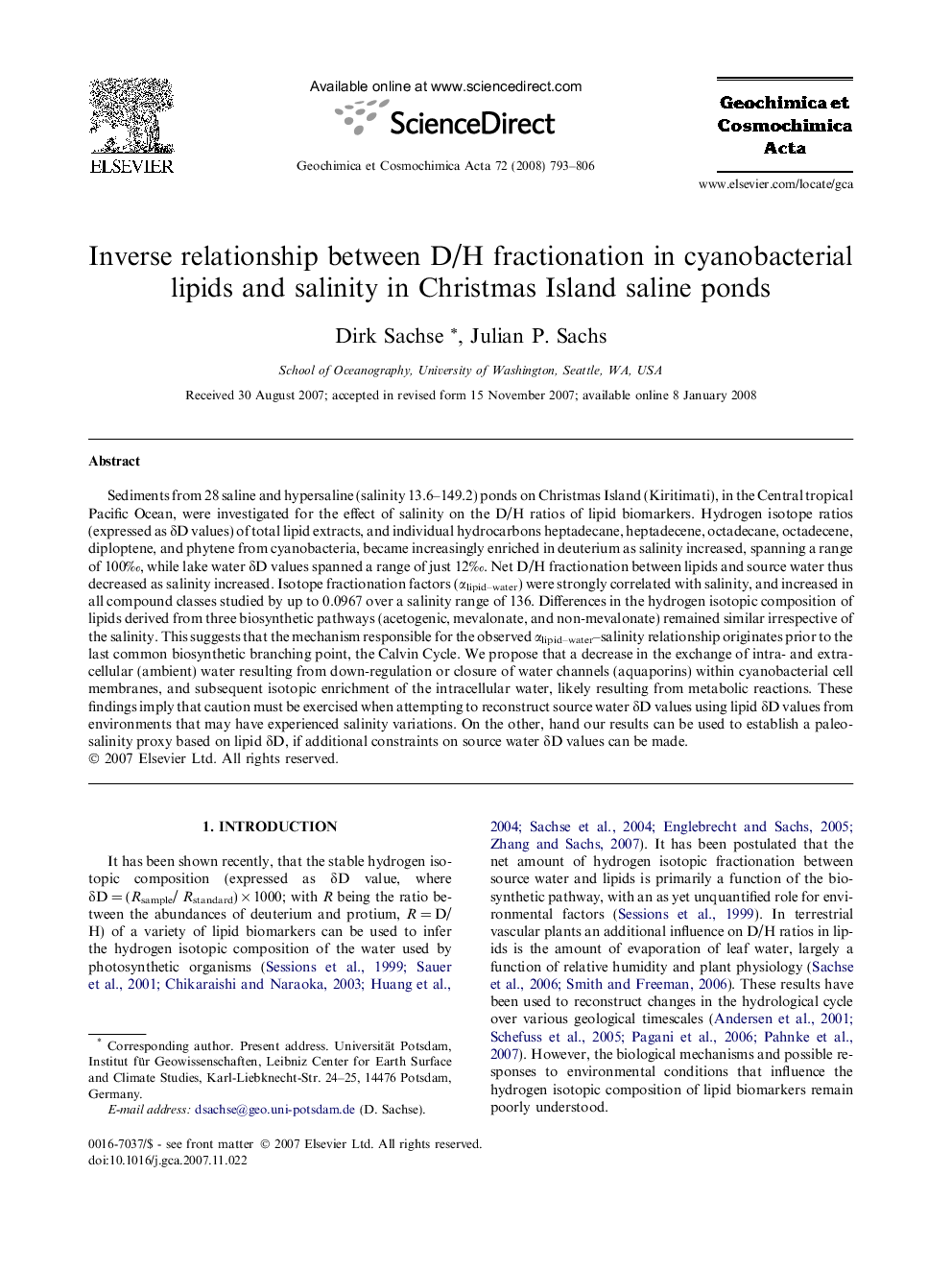 Inverse relationship between D/H fractionation in cyanobacterial lipids and salinity in Christmas Island saline ponds