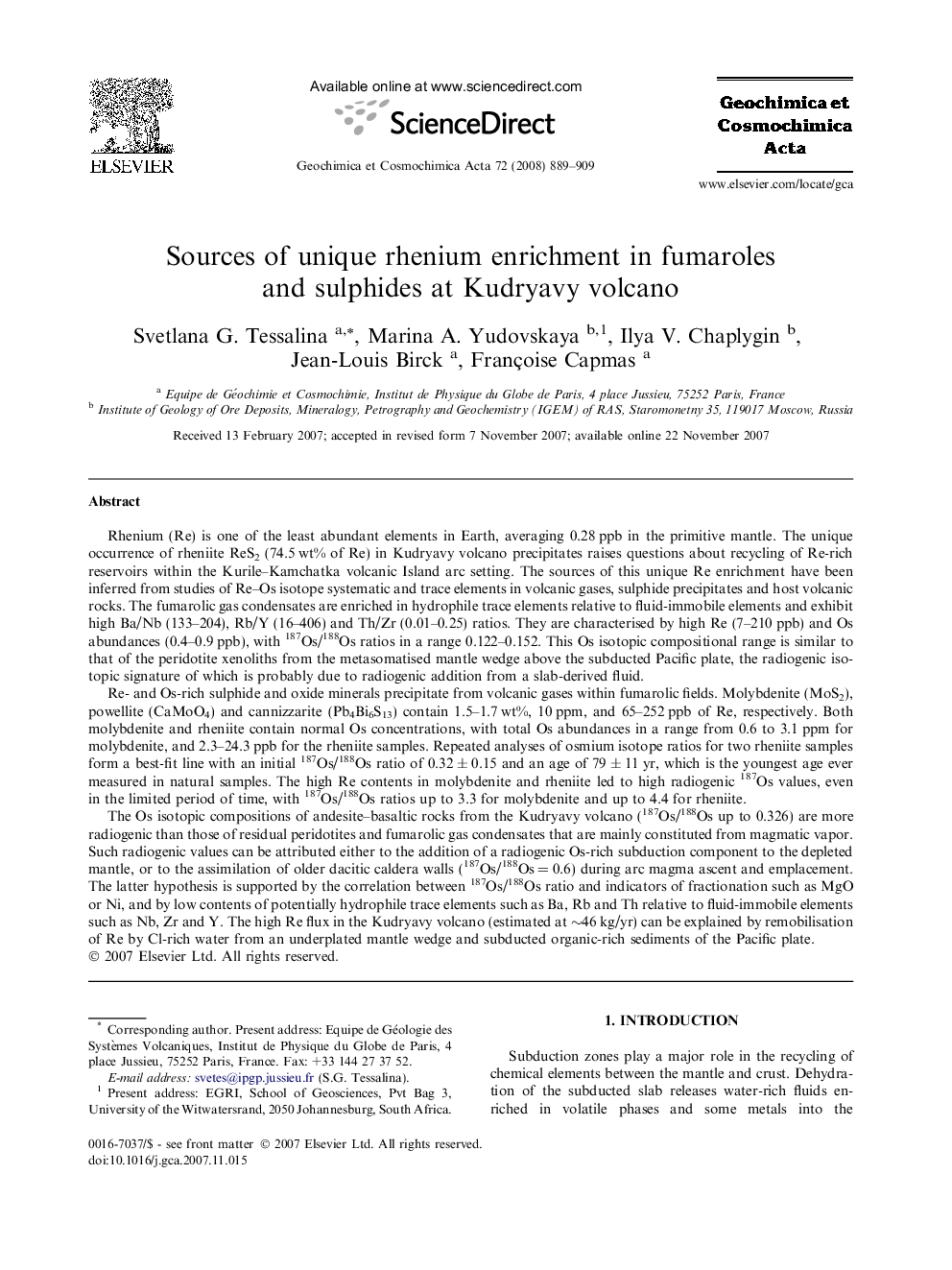 Sources of unique rhenium enrichment in fumaroles and sulphides at Kudryavy volcano