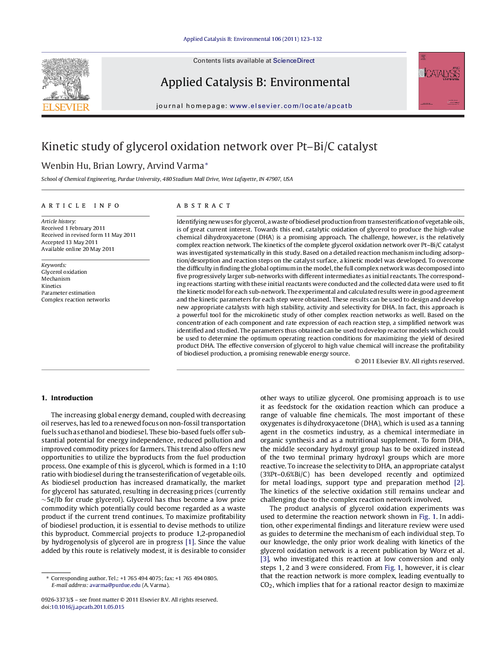 Kinetic study of glycerol oxidation network over Pt–Bi/C catalyst