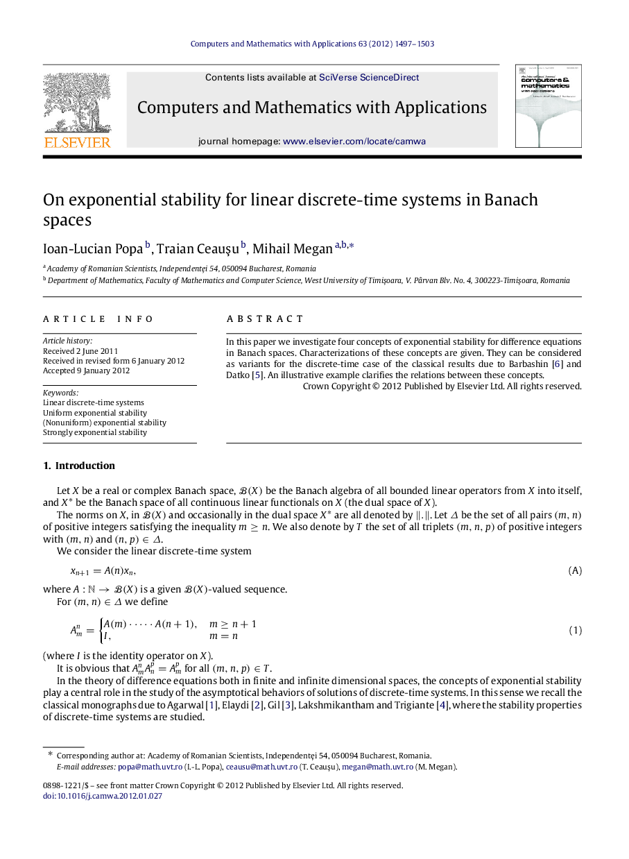 On exponential stability for linear discrete-time systems in Banach spaces