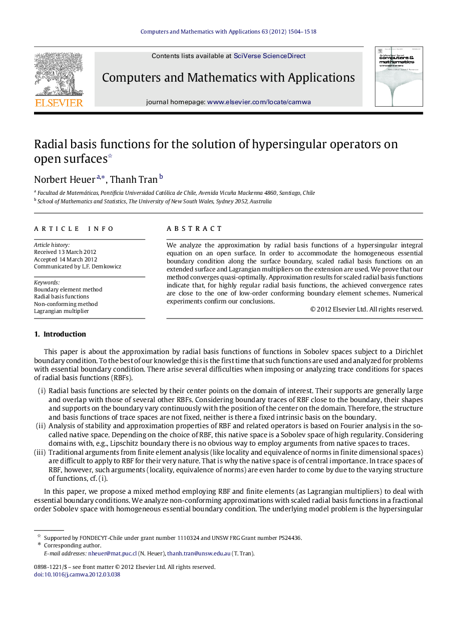 Radial basis functions for the solution of hypersingular operators on open surfaces 