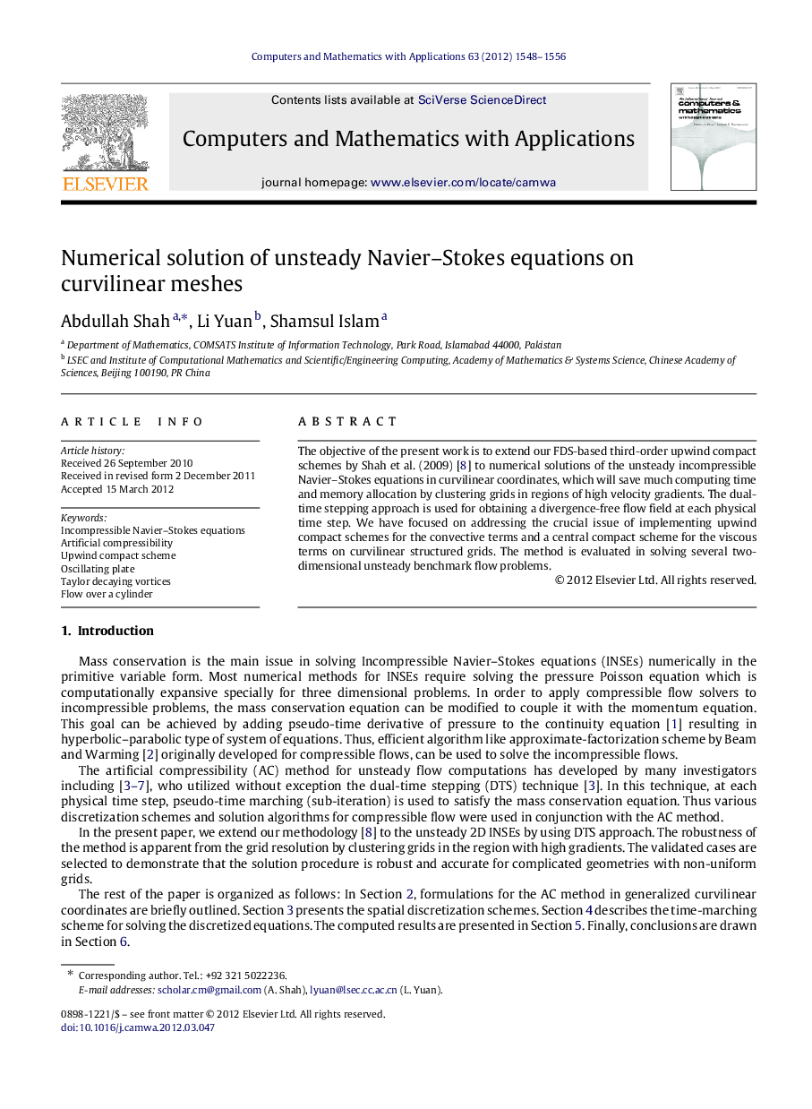 Numerical solution of unsteady Navier–Stokes equations on curvilinear meshes