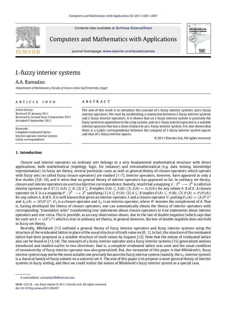 عکس صفحه اول مقاله: LL-fuzzy interior systems LL-fuzzy interior systems