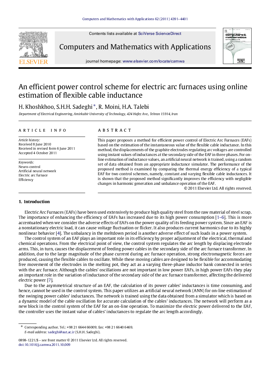 An efficient power control scheme for electric arc furnaces using online estimation of flexible cable inductance