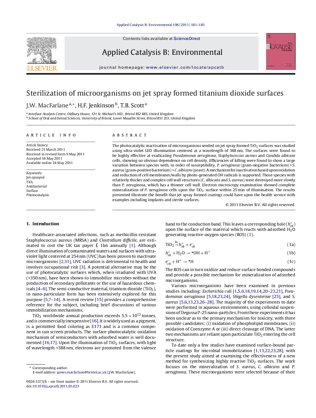 عکس صفحه اول مقاله: Sterilization of microorganisms on jet spray formed titanium dioxide surfaces Sterilization of microorganisms on jet spray formed titanium dioxide surfaces