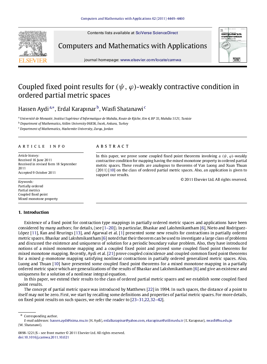 Coupled fixed point results for (ψ,φ)(ψ,φ)-weakly contractive condition in ordered partial metric spaces