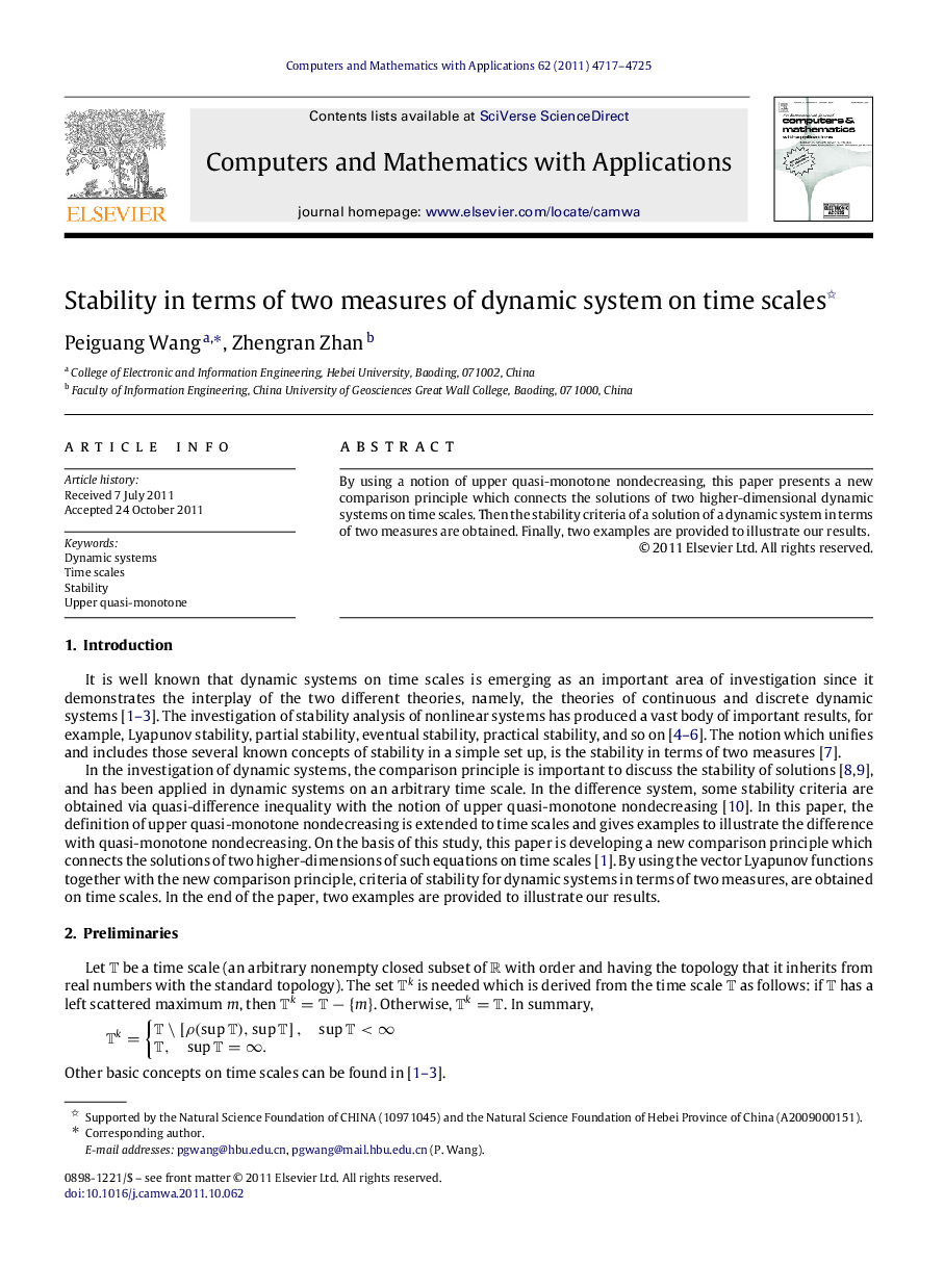 Stability in terms of two measures of dynamic system on time scales 