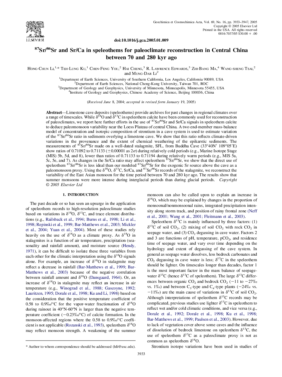 87Sr/86Sr and Sr/Ca in speleothems for paleoclimate reconstruction in Central China between 70 and 280 kyr ago 