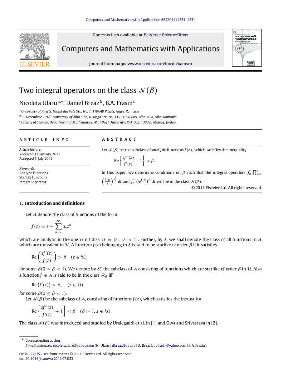 Two integral operators on the class N(β)N(β)