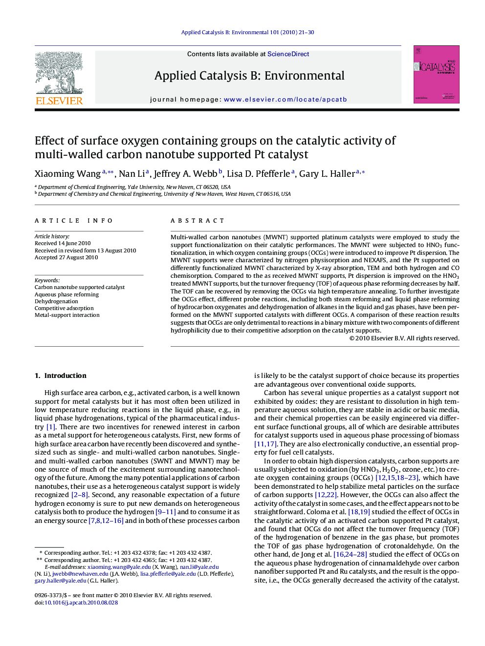 Effect of surface oxygen containing groups on the catalytic activity of multi-walled carbon nanotube supported Pt catalyst