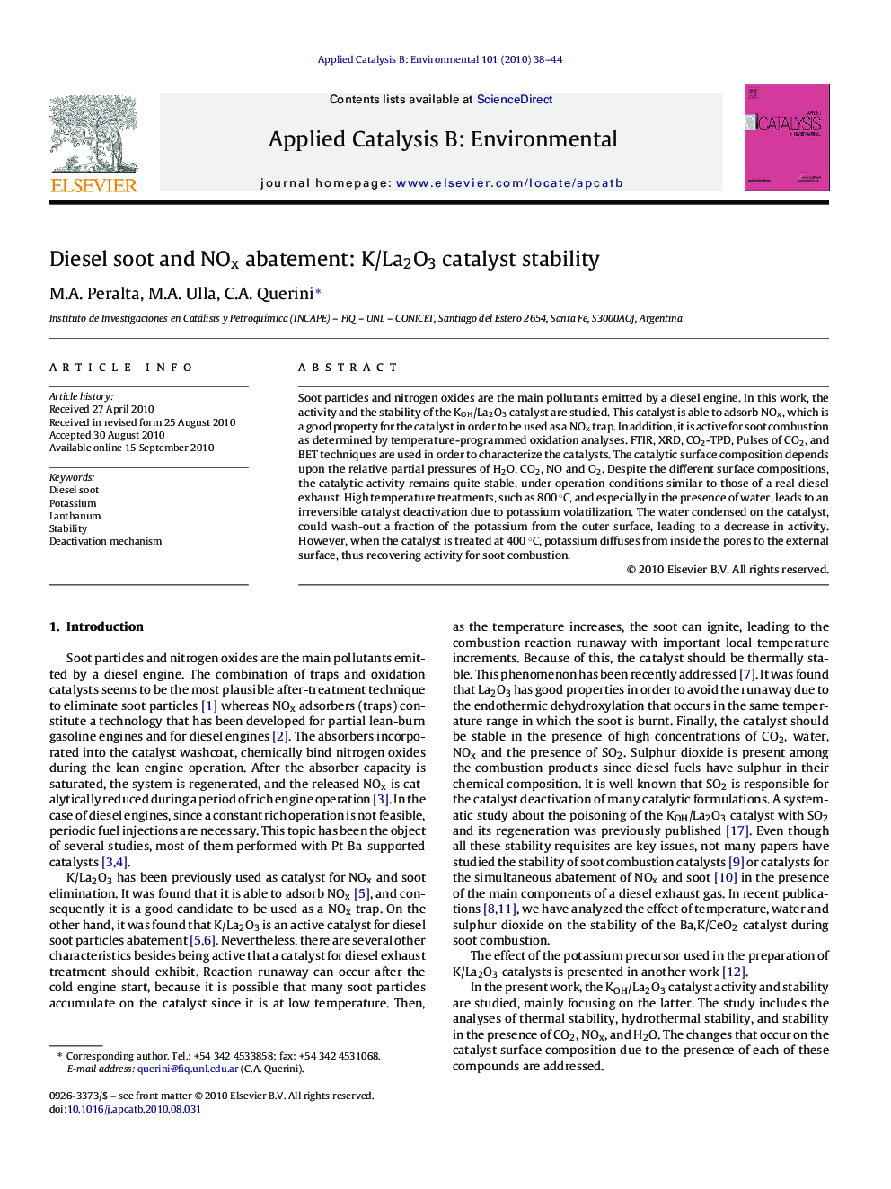 Diesel soot and NOx abatement: K/La2O3 catalyst stability