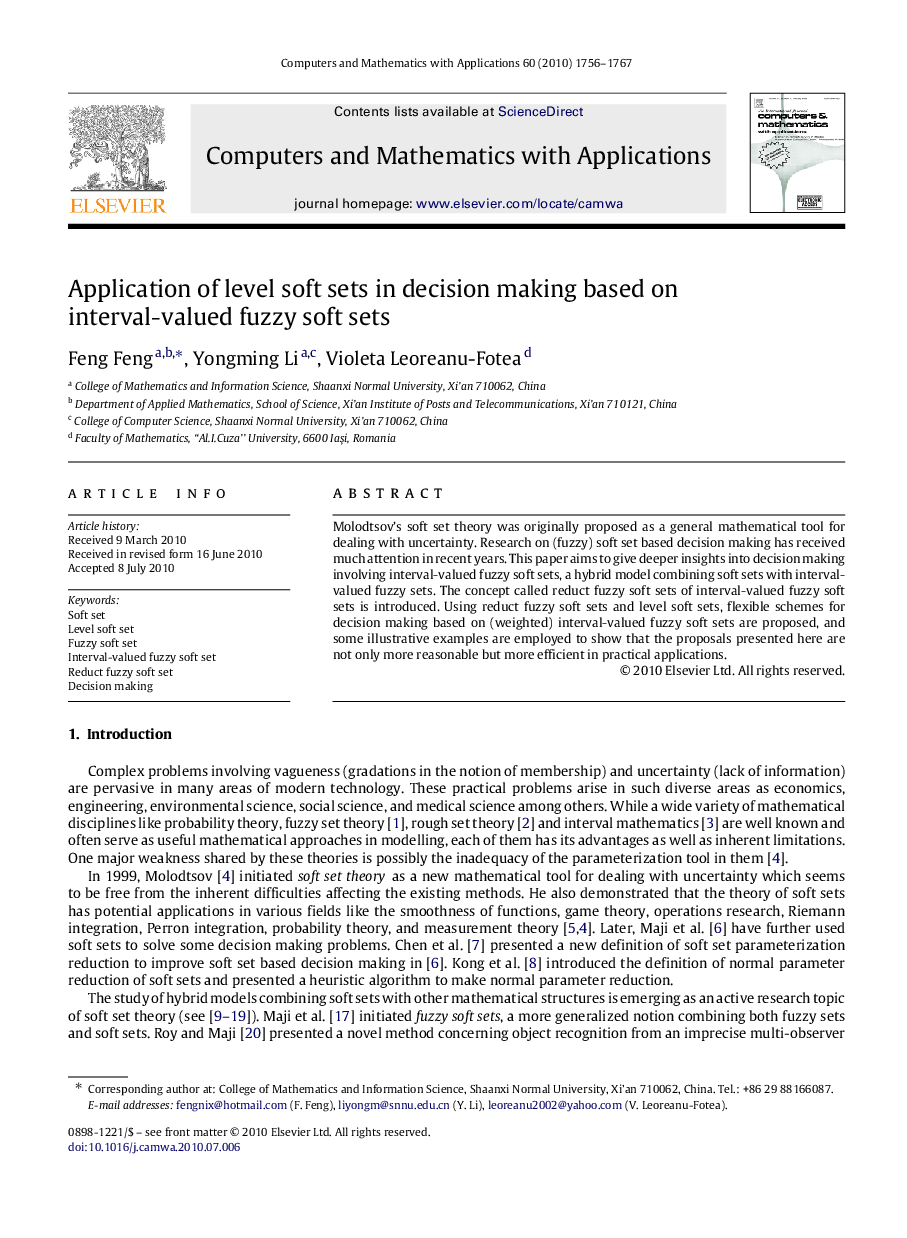 Application of level soft sets in decision making based on interval-valued fuzzy soft sets