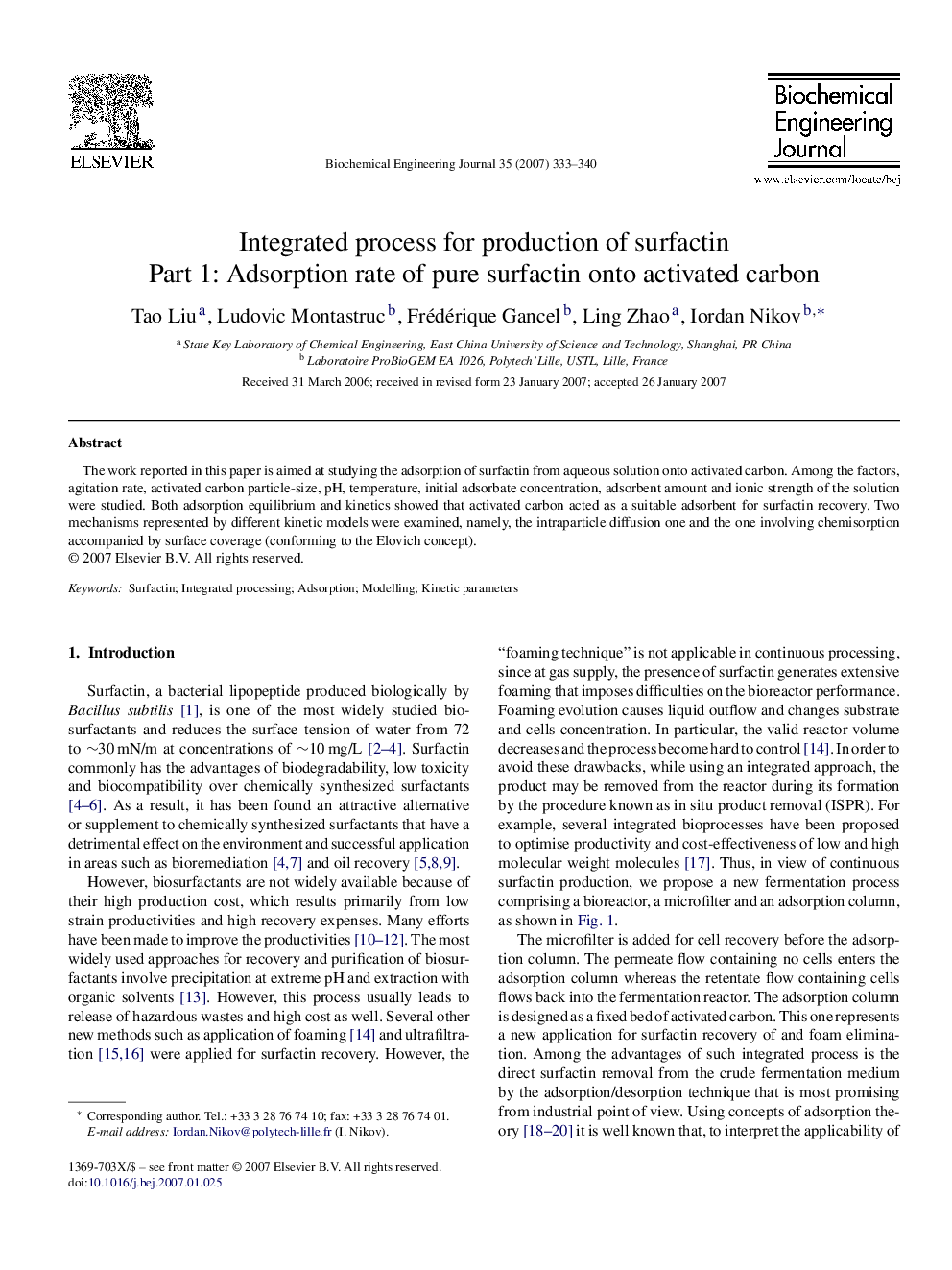 Integrated process for production of surfactin: Part 1: Adsorption rate of pure surfactin onto activated carbon