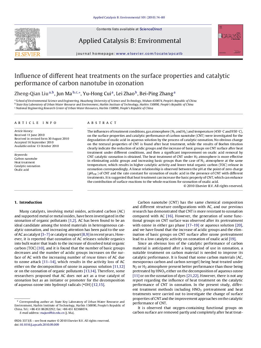 Influence of different heat treatments on the surface properties and catalytic performance of carbon nanotube in ozonation