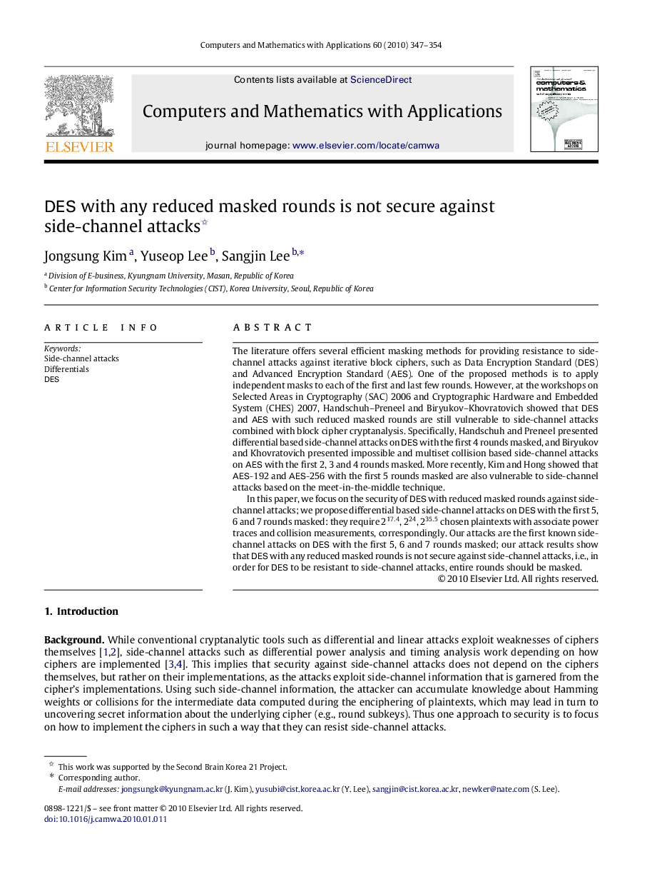 DES with any reduced masked rounds is not secure against side-channel attacks 