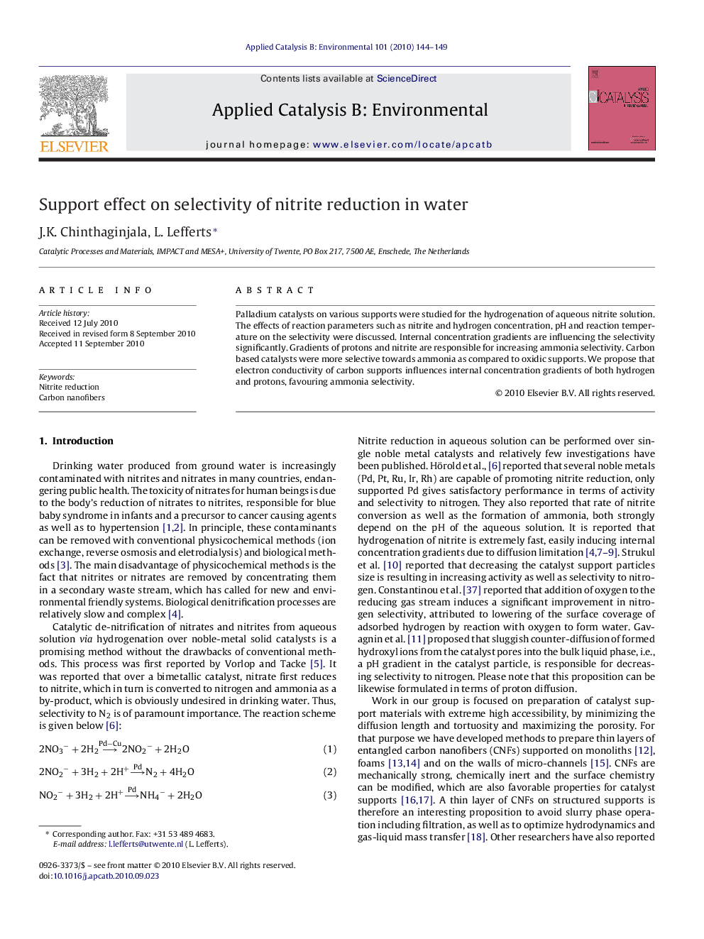 Support effect on selectivity of nitrite reduction in water