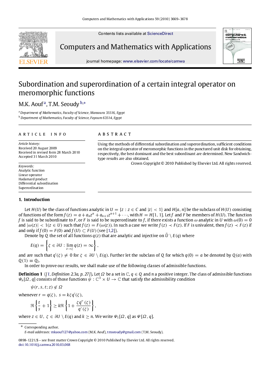 Subordination and superordination of a certain integral operator on meromorphic functions