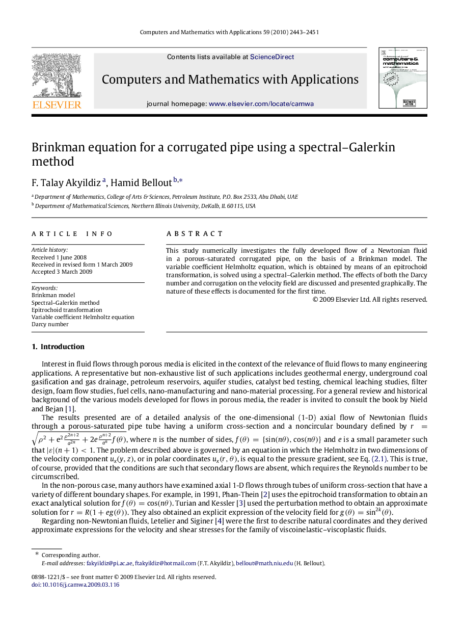 Brinkman equation for a corrugated pipe using a spectral–Galerkin method