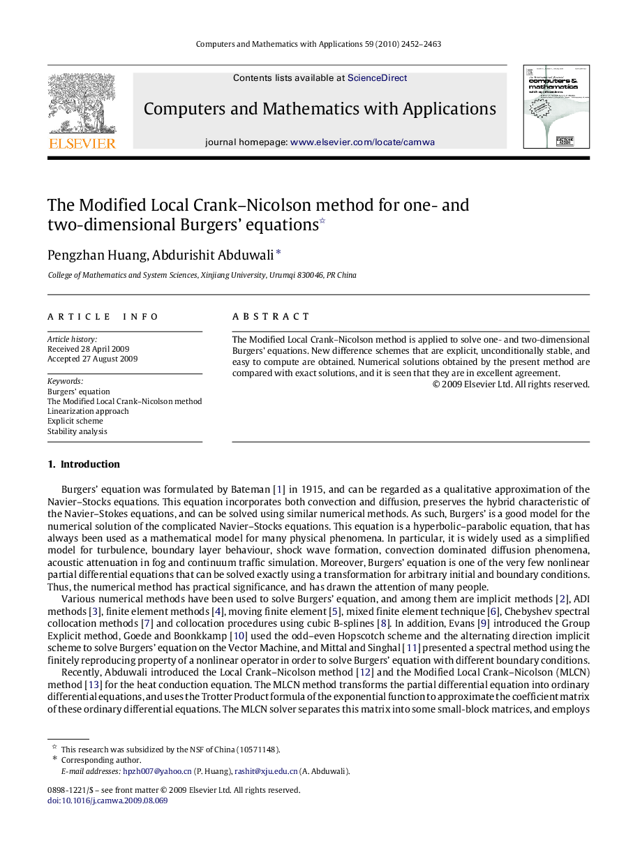 The Modified Local Crank–Nicolson method for one- and two-dimensional Burgers’ equations 