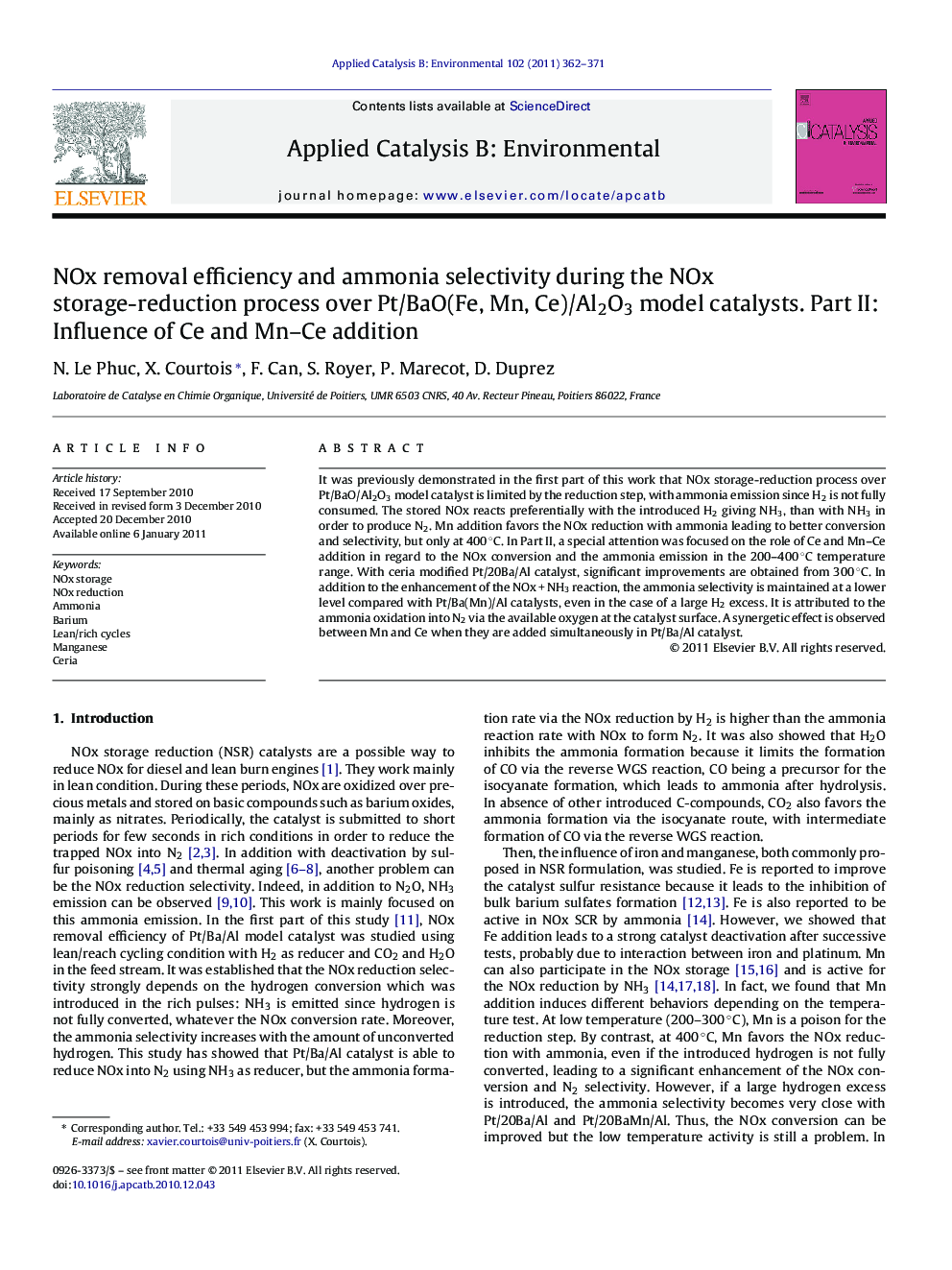 NOx removal efficiency and ammonia selectivity during the NOx storage-reduction process over Pt/BaO(Fe, Mn, Ce)/Al2O3 model catalysts. Part II: Influence of Ce and Mn–Ce addition