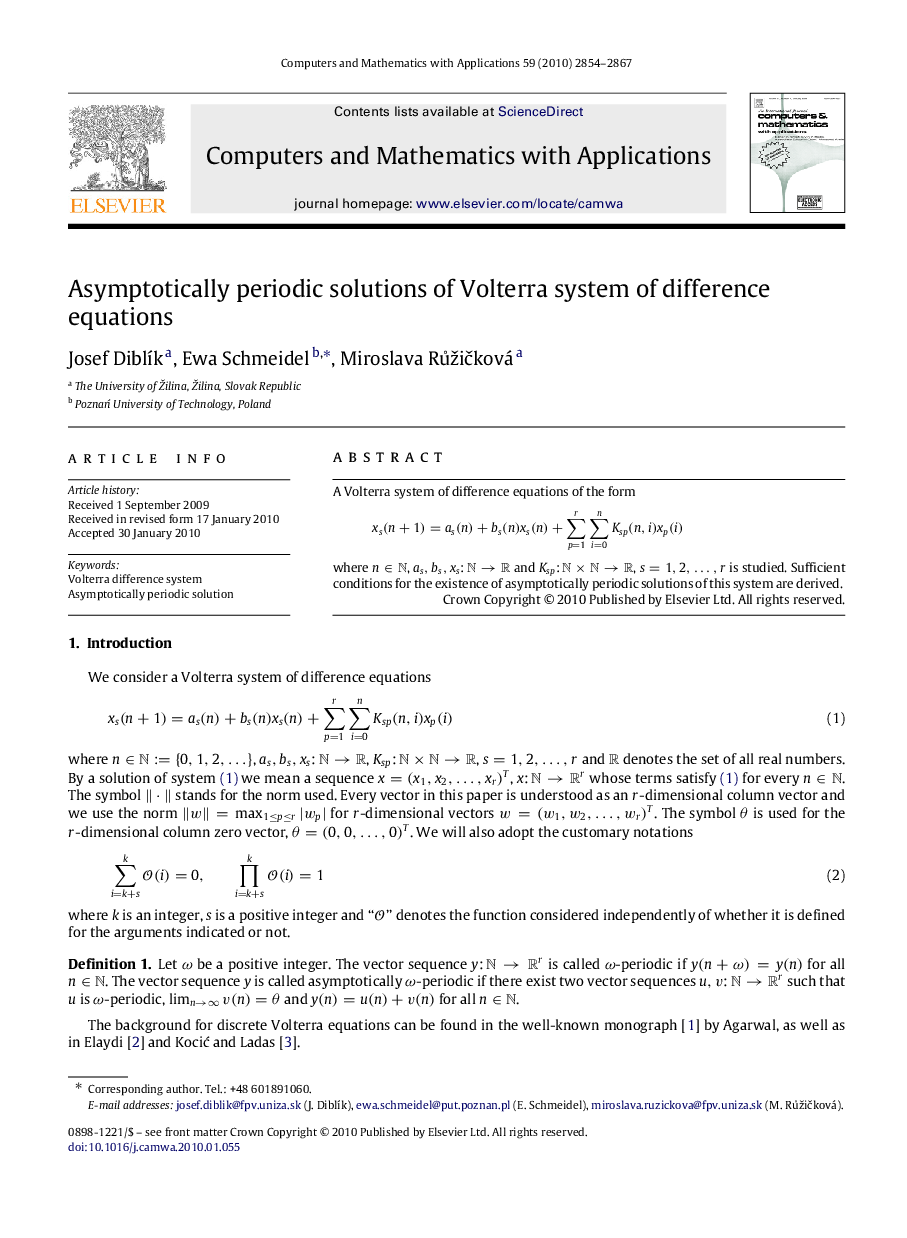 Asymptotically periodic solutions of Volterra system of difference equations