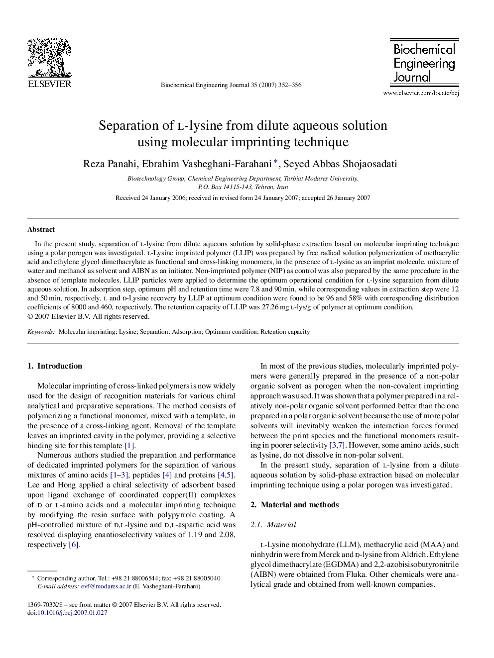 Separation of l-lysine from dilute aqueous solution using molecular imprinting technique