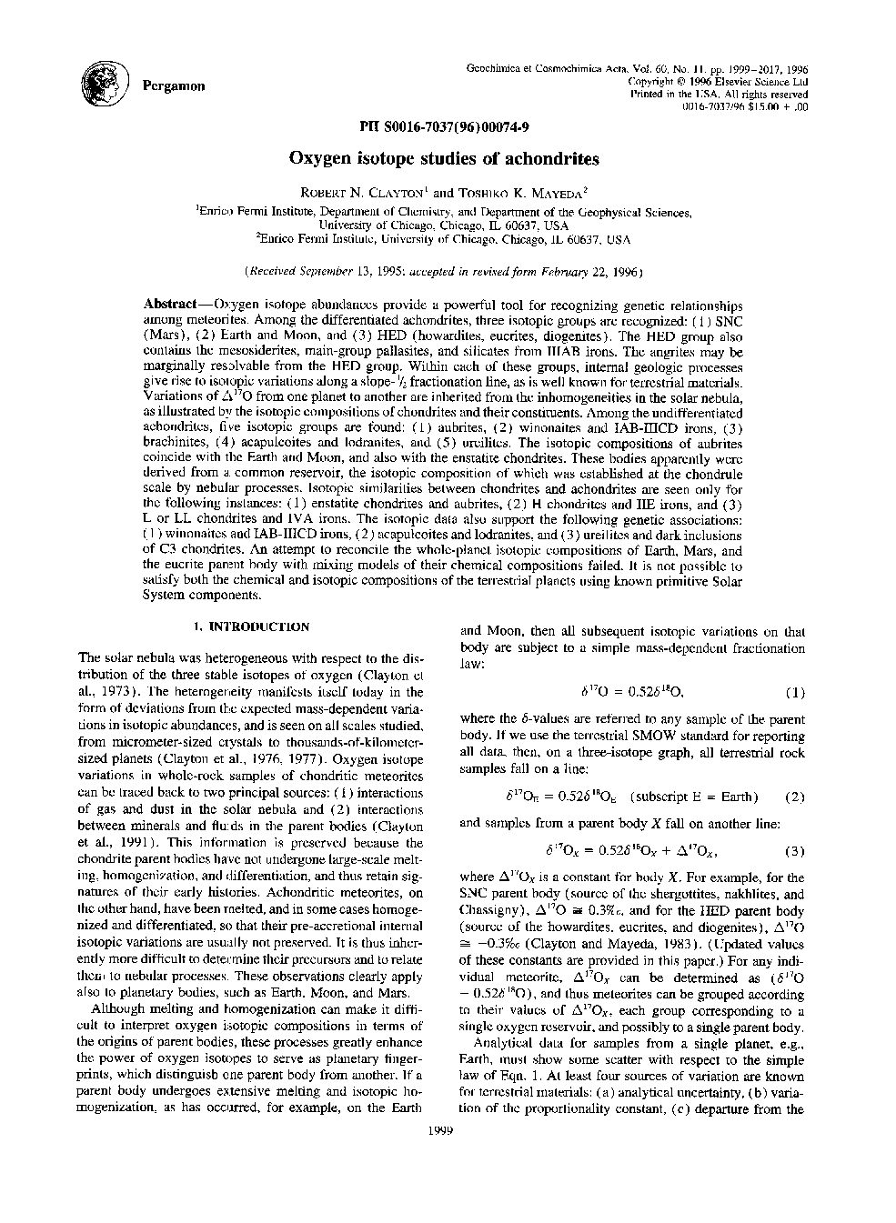 Oxygen isotope studies of achondrites