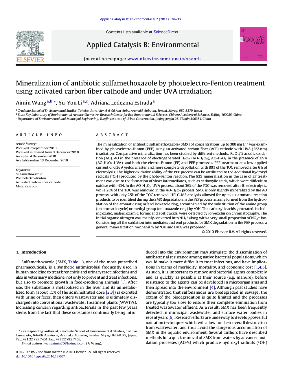 Mineralization of antibiotic sulfamethoxazole by photoelectro-Fenton treatment using activated carbon fiber cathode and under UVA irradiation