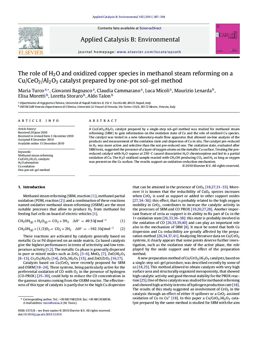 The role of H2O and oxidized copper species in methanol steam reforming on a Cu/CeO2/Al2O3 catalyst prepared by one-pot sol–gel method