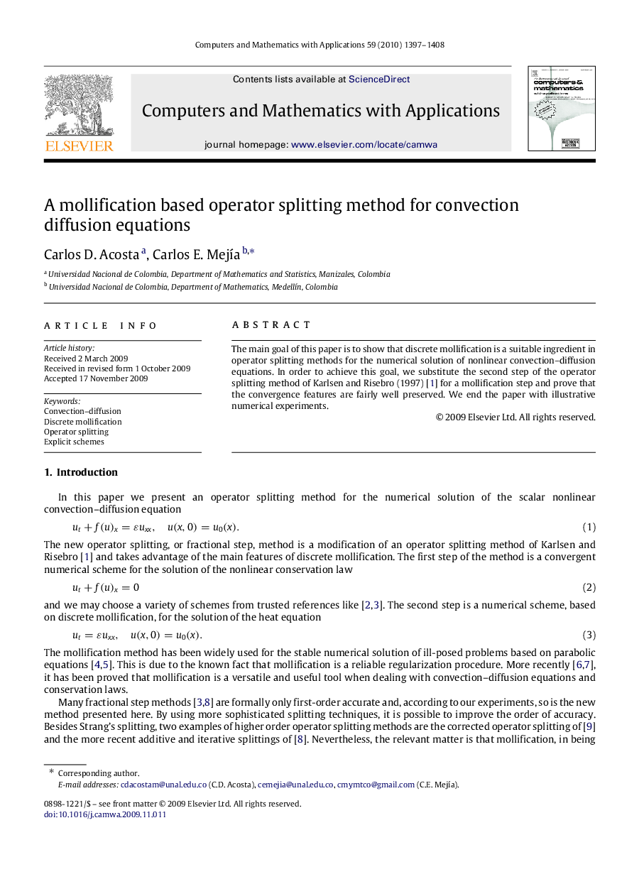 A mollification based operator splitting method for convection diffusion equations