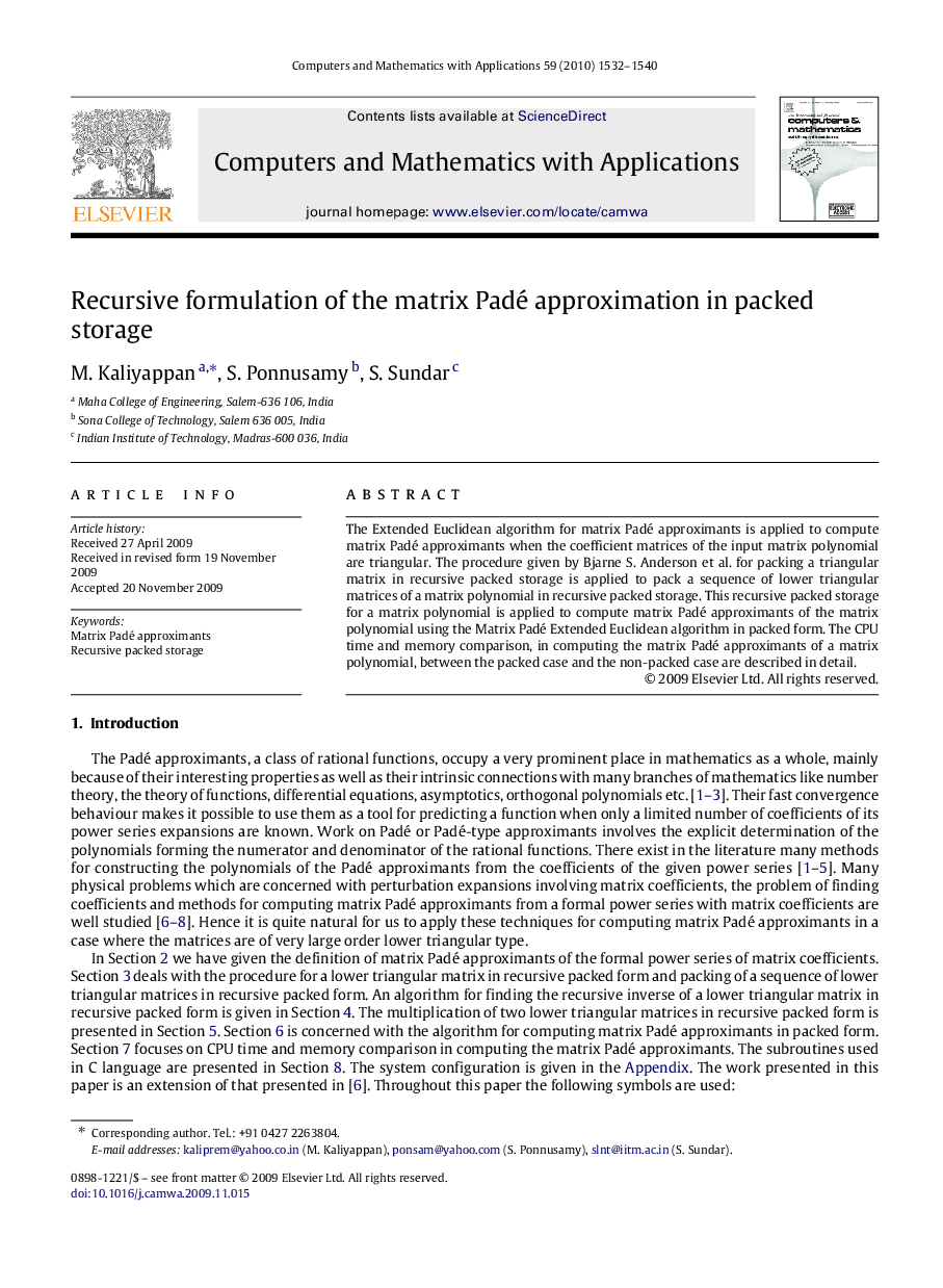 Recursive formulation of the matrix Padé approximation in packed storage