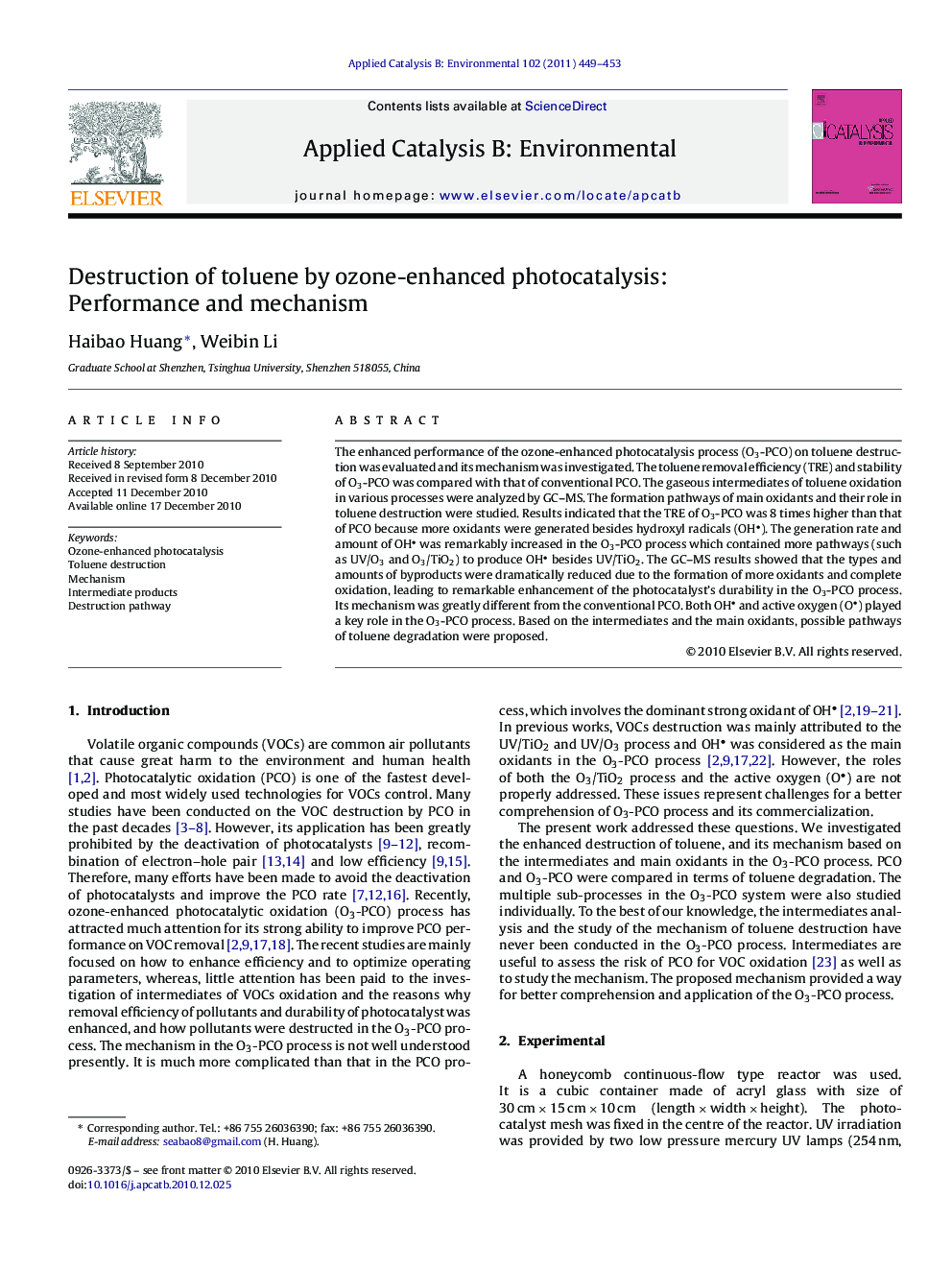 Destruction of toluene by ozone-enhanced photocatalysis: Performance and mechanism