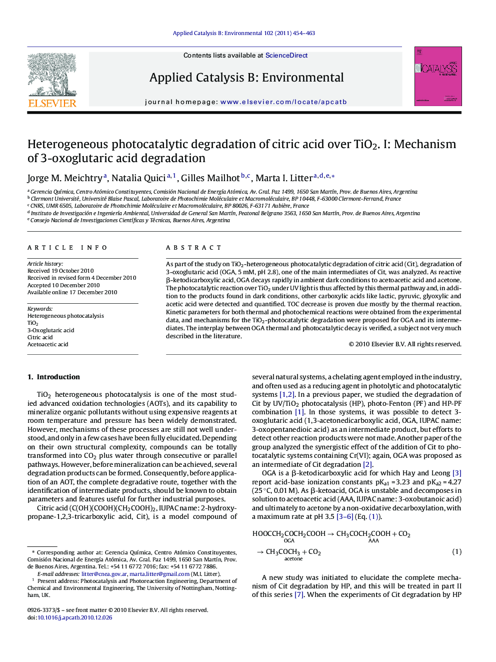 Heterogeneous photocatalytic degradation of citric acid over TiO2. I: Mechanism of 3-oxoglutaric acid degradation