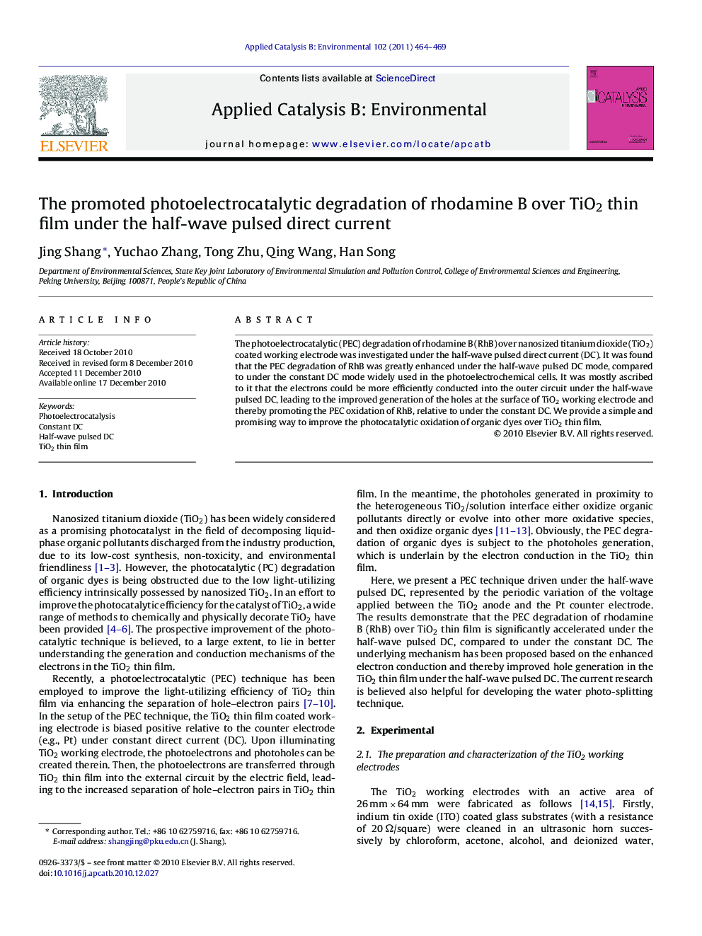 The promoted photoelectrocatalytic degradation of rhodamine B over TiO2 thin film under the half-wave pulsed direct current