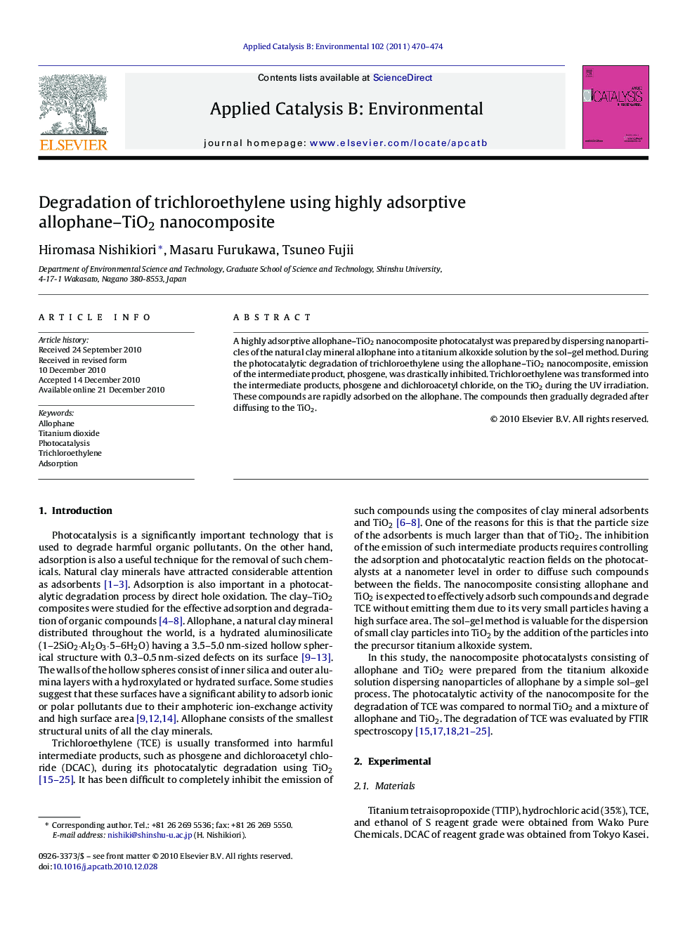 Degradation of trichloroethylene using highly adsorptive allophane–TiO2 nanocomposite