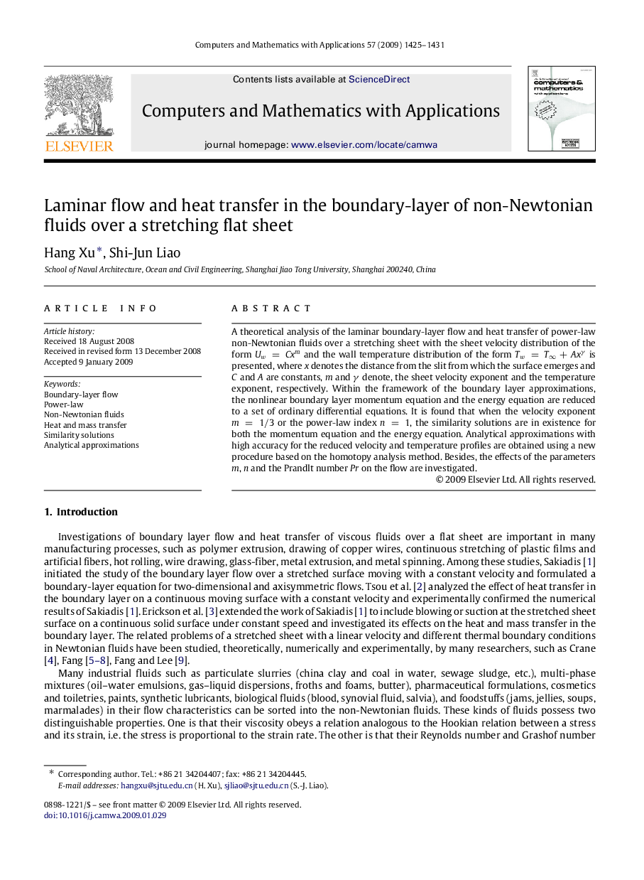 Laminar flow and heat transfer in the boundary-layer of non-Newtonian fluids over a stretching flat sheet